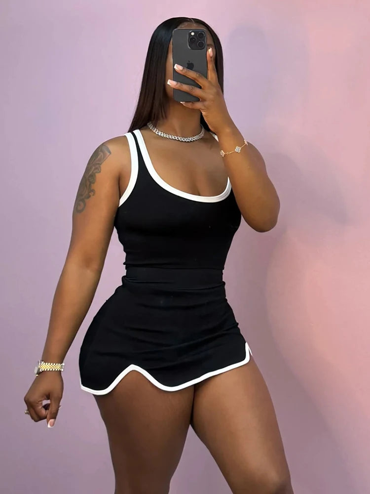 Weird Puss Casual Simple Women 2 Piece Set Tracksuit Skinny Tank Tops+Irregular Hem Skirts Matching Stretch Streetwear Outfits