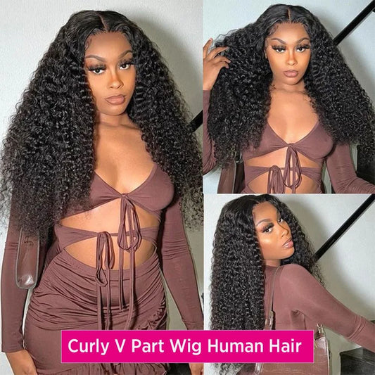 30 Inch Curly V Part Wig Human Hair Brazilian Virgin Human Hair Wig  Upgrade U Part Wig Glueless V Shape Wig Natural Black Color