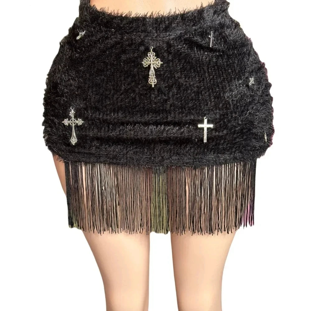 HLJ&GG Black Sexy Y2K Punk Tassels Two Piece Sets Women Chain Lace Up Slim Tube And Fur Mini Skirts Outfits Fashion Streetwear