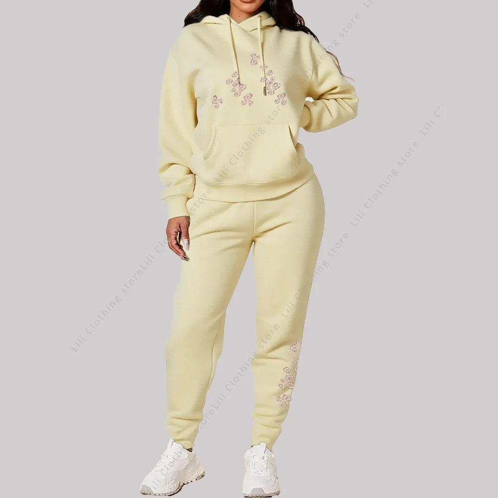 Women's Pants Sets Hoodies Sweatpants Two Piece Outfits Sweatsuit Aesthetic Sportswear Rose Graphic Print Woman Suit Plus Size