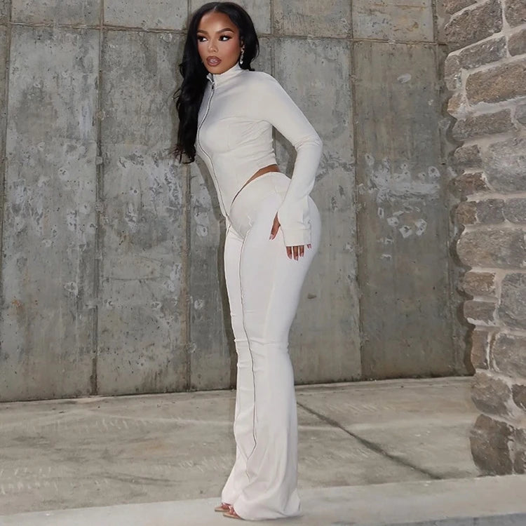 STYLISH LADY Solid Color Sporty 2 Piece Set Women Long Sleeve Crop Top and Flare Pant Suits 2025 Summer Casual Fitness Tracksuit