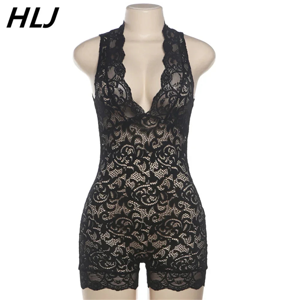 HLJ&GG Sexy Lace Perspective Hollow Out Bodycon One Pieces Rompers Womens V Neck Sleeveless Slim Jumpsuits Female Playsuits 2024