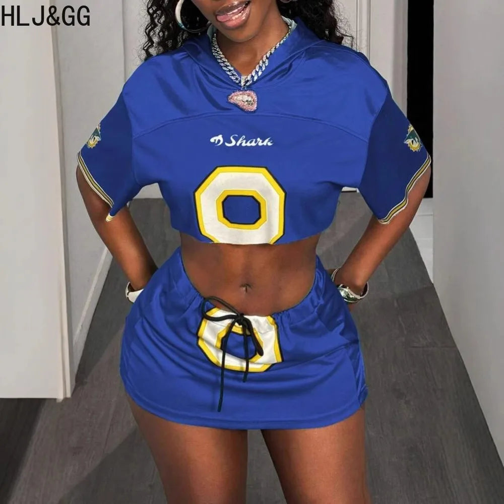 HLJ&GG Fashion Trend Y2K Letter Print Two Piece Sets Women Round Neck Short Sleeve Crop Top And Mini Skirts Outfits Streetwear