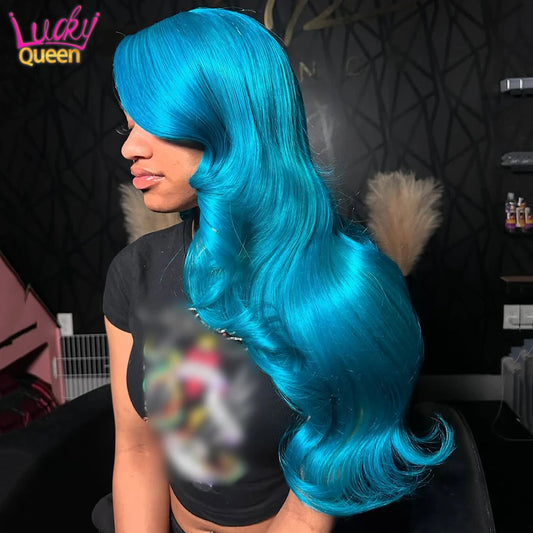 180 Density Sky Blue Human Hair 613 Colorful Wig Lace Front 13X6 Transparent Lace Pre Plucked Body Wave 13X4 For Women Baby Hair