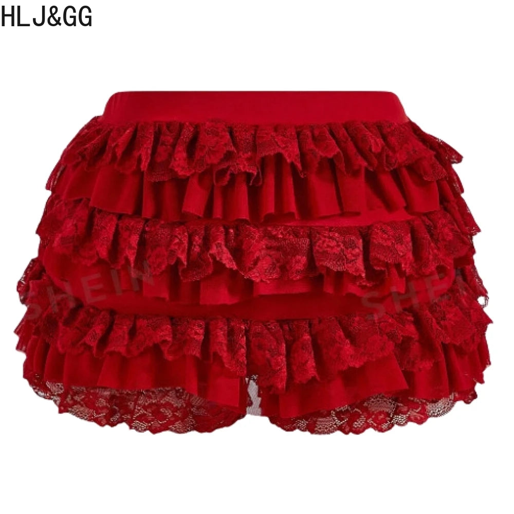 HLJ&GG Red Fashion Letter Backless Tshirts Two Piece Sets Women O Neck Short Sleeve Slim Crop Top And Lace Skirts Shorts Outfits