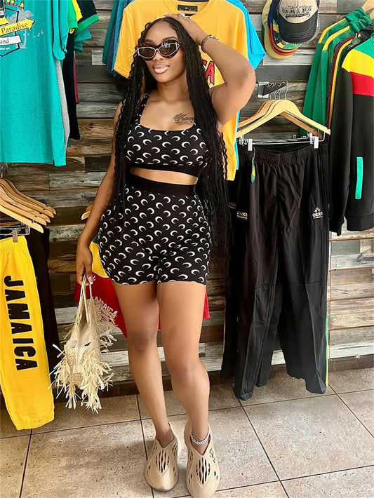 STYLISH LADY Moon Printed 2 Piece Set Women Sleeveless Crop Top and Shorts Suits 2025 Summer Sexy Club Party Fitness Outfits