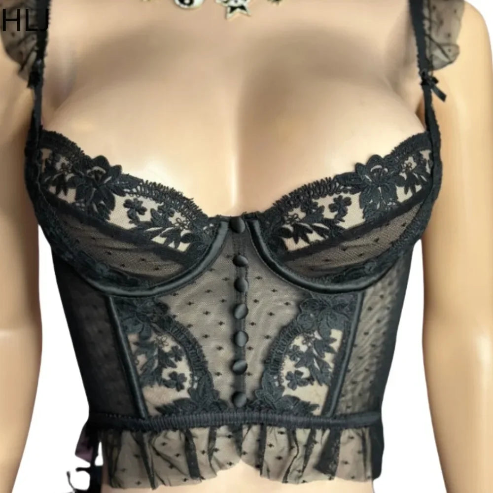 HLJ&GG Lace Sexy Embroidery Sheer Two Piece Sets For Women Thin Strap Tank Top + Ruffle Mini Skirts Shorts Outfit Party Clubwear