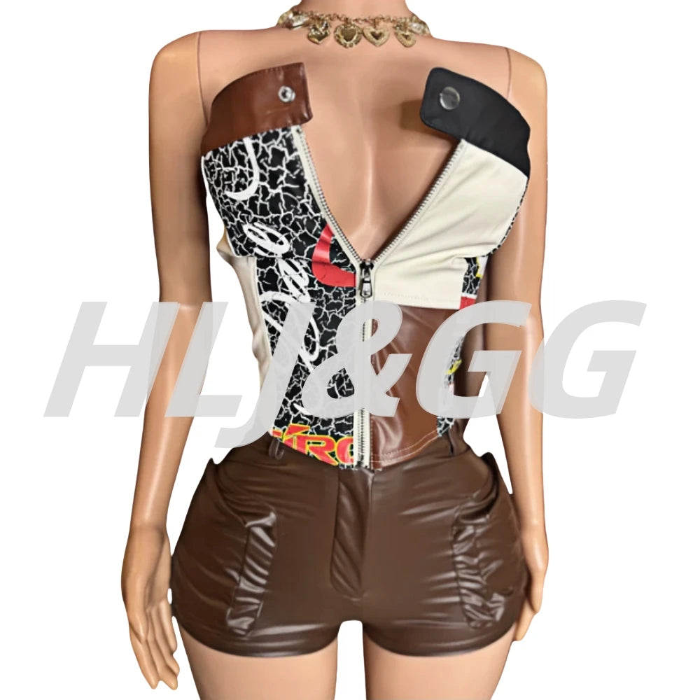 HLJ&GG Brown Y2K Fashion Leather Cargo Shorts Two Piece Sets Women Off Shoulder Zip Slim Crop Top And Shorts Outfits Streetwear