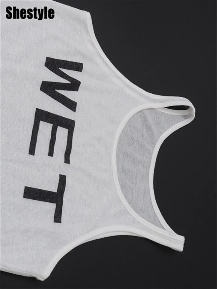 Shestyle Transparent White Crop Top Women 2024 Autumn Sleeveless Wet Letter Print Super Stars Same Style Tank Theatrical Costume
