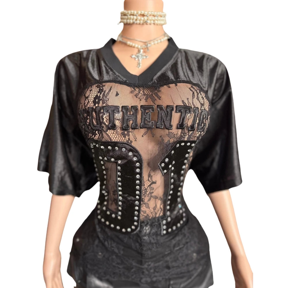 HLJ&GG Sexy Lace Splicing Letter Print Loose Tshirts Women V Neck Short Sleeve Straight Tops Fashion See Though Club Streetwear