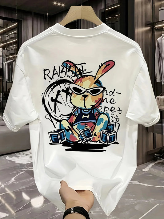 Men's summer 100% pure cotton fashionable casual loose black rabbit cartoon pattern printed round neck short sleeved T-shirt top