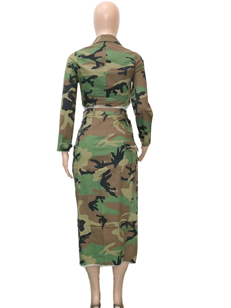 Kricesseen Fashion, 2 piece Button-Up Camouflage Green Jacket Top And High Slit Skirt Set 2 Piece Outfit Night Clubwear Overalls