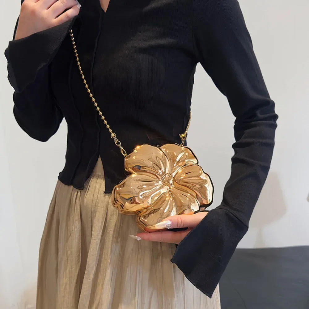 1 rose gold floral acrylic clutch bag, Lily of the Valley charm, PVC messenger bag with magnetic buckle, solid color gloss