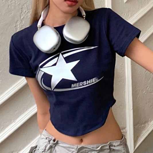 Women's Minimalist Star Print Y2K Gothic Harajuku Casual Pullover T-Shirt Retro Streetwear Top for Spring Summer