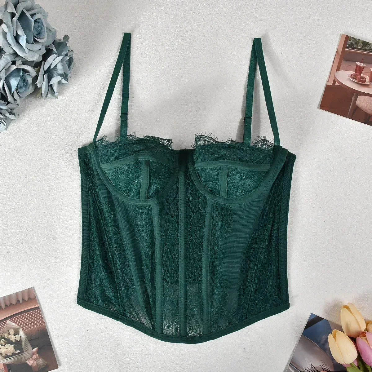 Sexy Lace Mesh Spaghetti Strap Open Back Boned Corset Women Summer Slim Lingerie Bodyshaper Bustier Camisole Halter Vest