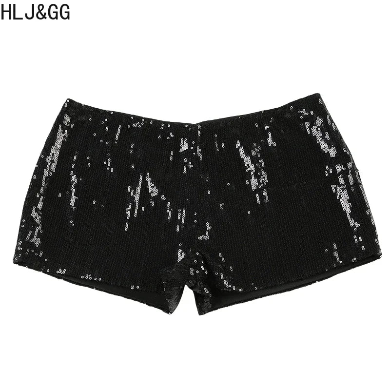 HLJ&GG Black Leather Jacket Fashion Streetwear Women Zip Long Sleeve Crop Top+Tshirts+Sequin Shorts 3 Piece Sets Female Clothing