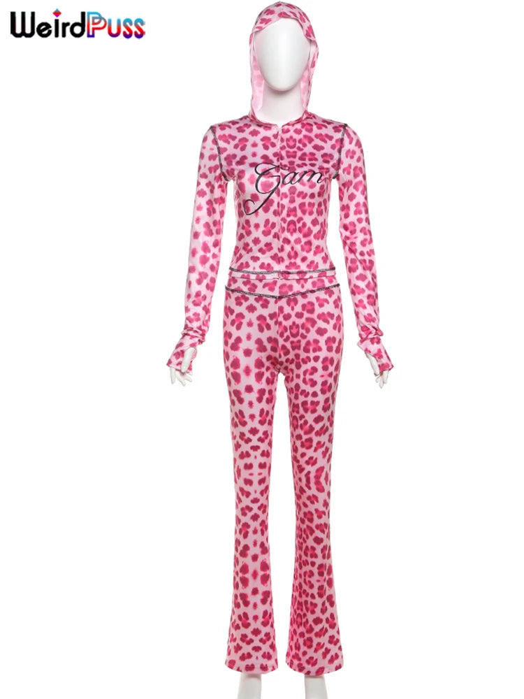 Weird Puss Leopard Contrast Letter Print 2 Piece Set Women Hooded Full Sleeve Crop Jacket+Skinny Stretch Flare Pants Trend Suits