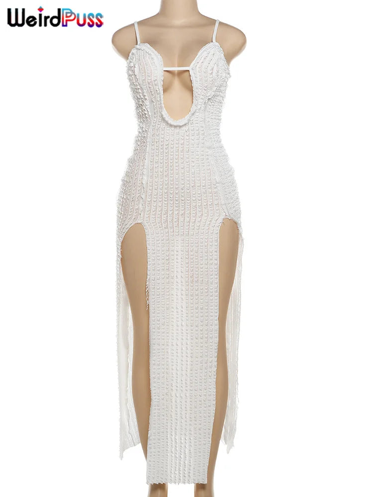 Weird Puss Patchwork Lace Sexy Dress Women See Through Summer Sleeveless Deep v-Neck Split Long Slim Bodycon Vacation Clubwear