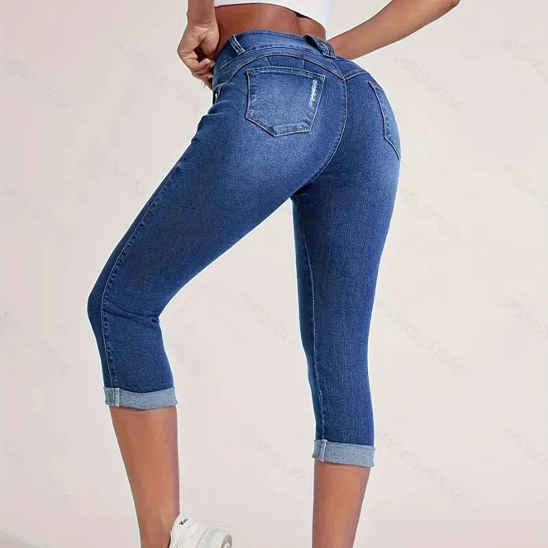Ladies Jeans Plus-size tight capri pants High Waisted Rolled Hem Double Button Fly Trendy Casual Summer Essential