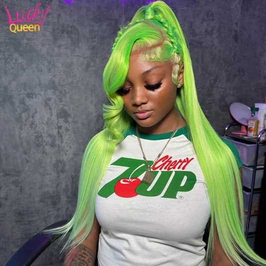 613 Colorful Wigs Green Apple Color Human Hair Pre Plucked For Women Lace Front Transparent Lace 180 Density Straight Baby Hair