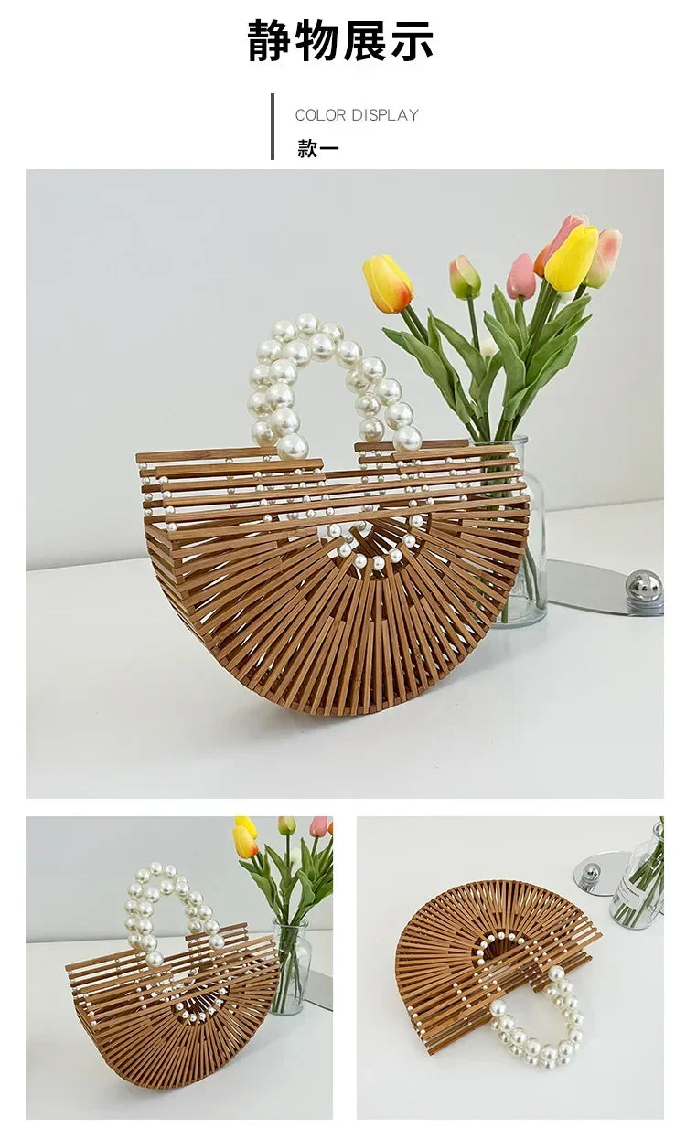 Women's Hand - Woven Bamboo Bag | Bamboo Woven Basket Style, Beach Vacation Essential, Handheld Bucket Design