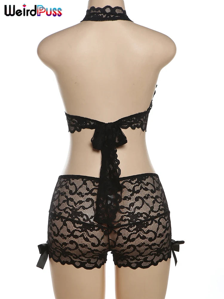 Weird Puss Mesh Sexy Bow 2 Piece Set Summer Women Halter Backless Lace Tank Tops+Shorts Matching Clubwear Coquette Hipster Suits