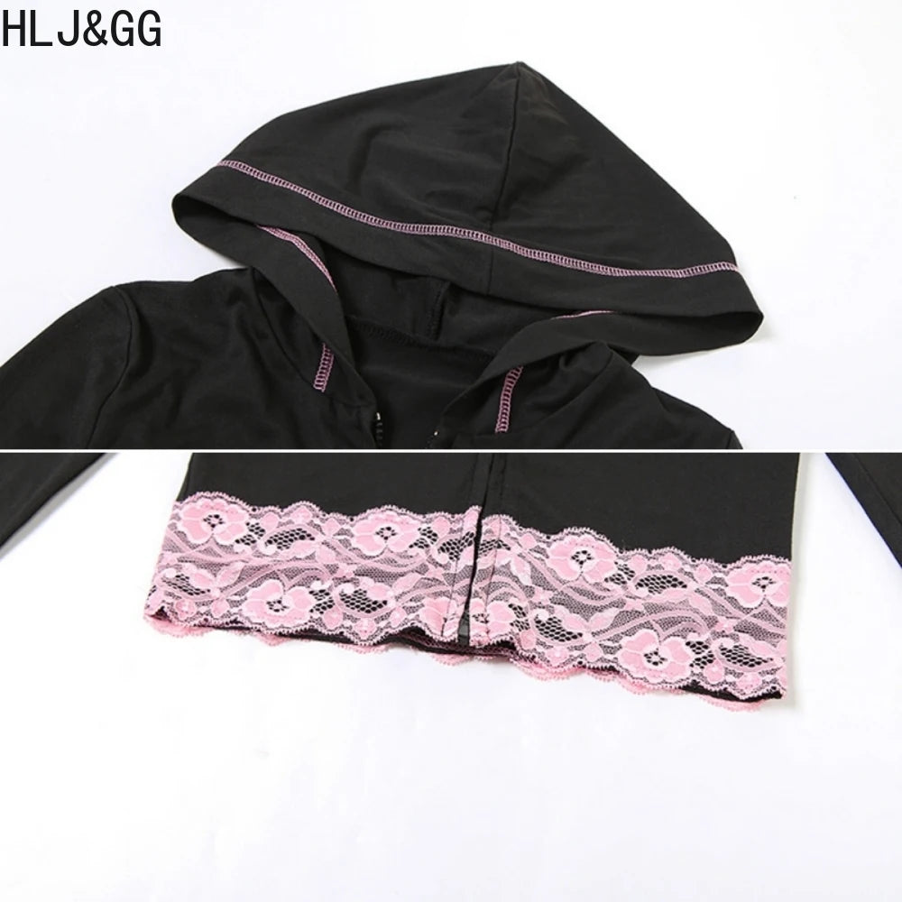 HLJ&GG Black Y2K Letter Printing Hooded Lace Splicing Two Piece Sets Women Zipper Long Sleeve Slim Top And Pants Outfits 2025