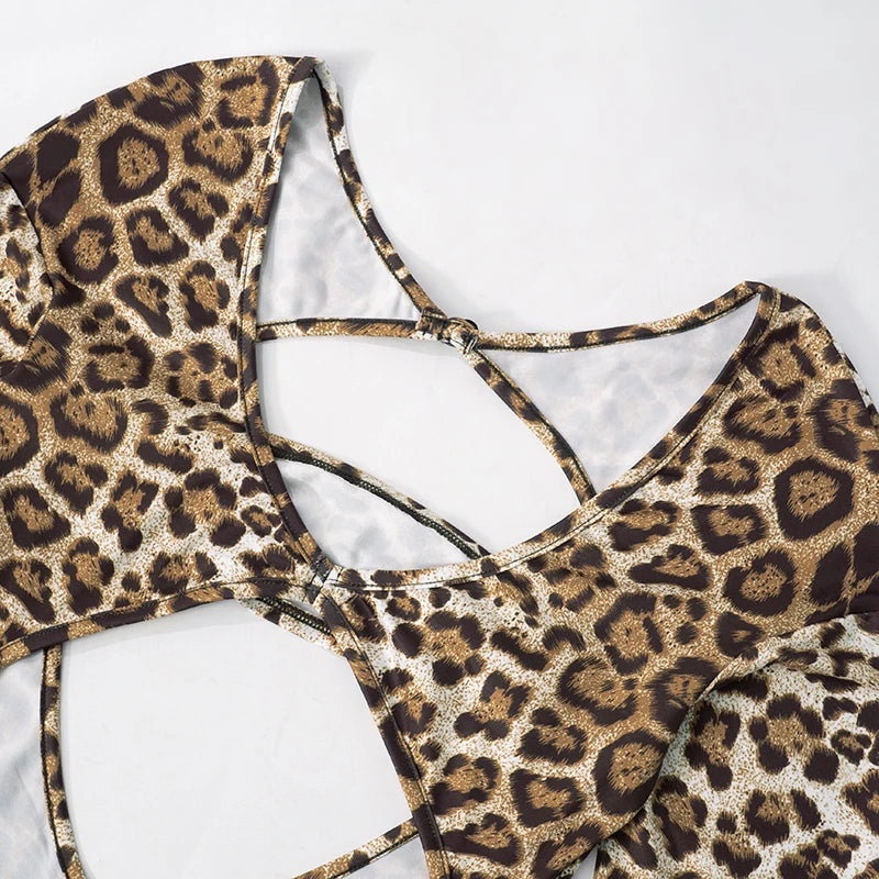Weird Puss Leopard Print Jumpsuit Women Wild Hollow Low-Neck Sexy Skinny Full Sleeve Peach Hip Midnight Party Overalls Clubwear