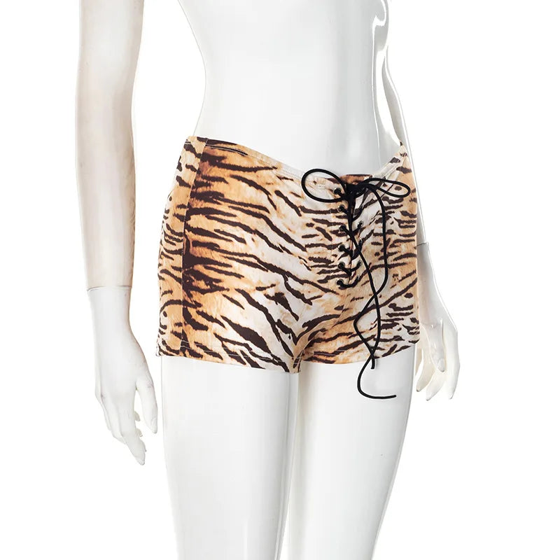 HLJ&GG Y2K Fashion Letter One Shoulder Crop Top Two Piece Sets Women Loose Tshirts And Tiger Shorts Outfits Summer Streetwear