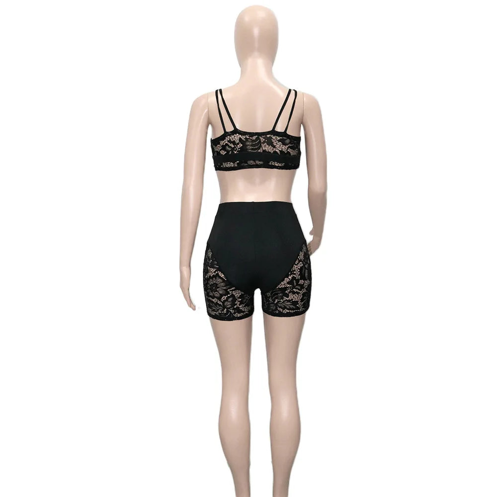 HLJ&GG Sexy Lace Hollow See Though Two Piece Sets Women V Neck Spaghetti Strap Slim Crop Top + Shorts Outfits Fashion Streetwear