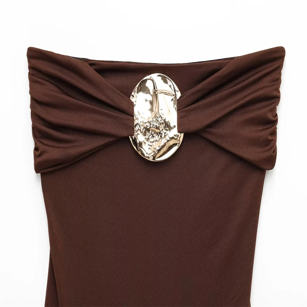 PB&ZA 2025 Women Off Shoulder One Piece Swimsuit with Decorative Buckle Stylish Black and Brown Design for Sale on AliExpress
