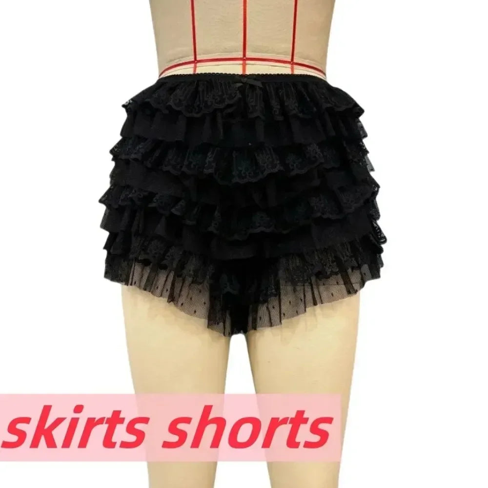HLJ&GG Lace Sexy Embroidery Sheer Two Piece Sets For Women Thin Strap Tank Top + Ruffle Mini Skirts Shorts Outfit Party Clubwear