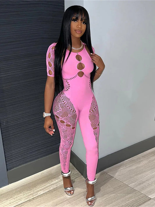 Weird Puss Rhinestone Embellished Women Jumpsuit Backless Halter Hollow Sheer Sexy Slim One Pieces Bodycon Hottie Party Clubwear