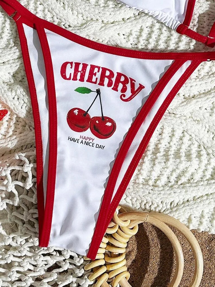 HLJ&GG Sexy Cherry Printed See Though 3 Piece Bikini Swimsuit Women Round Neck Short Sleeve Top Outfit Summer New 3pcs Beachwear