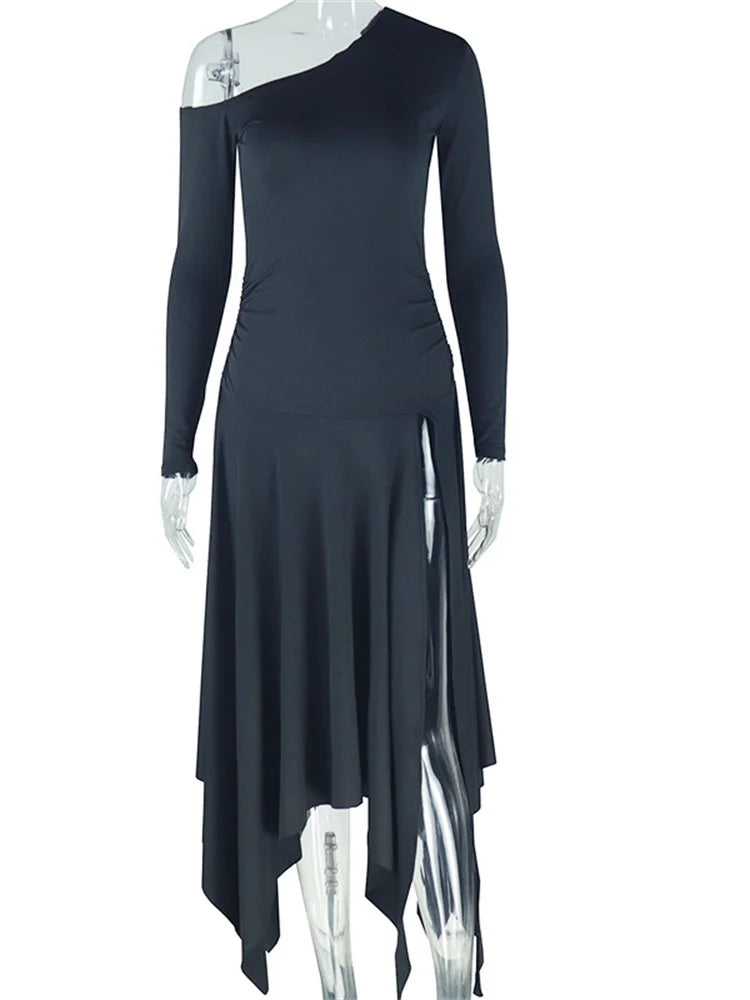 Weird Puss Ruched Asymmetry Dress Women Diagonal Collar Skinny Full Sleeve Ruffles Slits Hem Midnight Hottie Club Trend Outfits