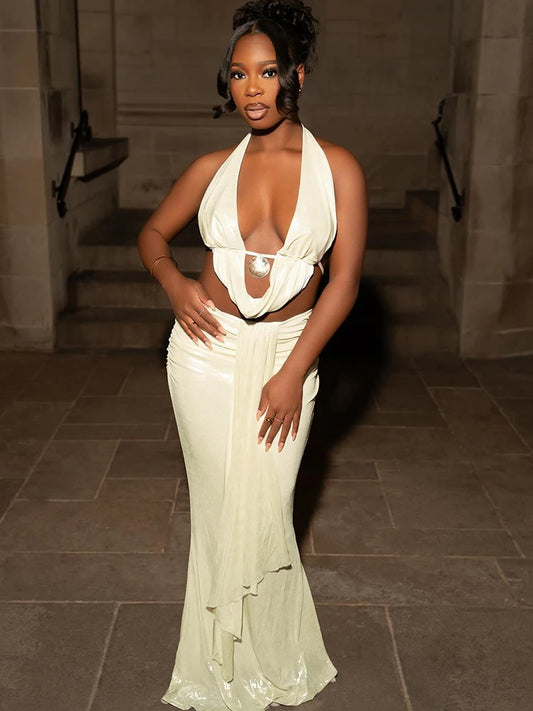 Weird Puss Thin Sexy Women 2 Piece Set Glitter Sheet Metal Backles Shalter Tank Tops+Ribbon Skirts Tight Vacation Matching Suits