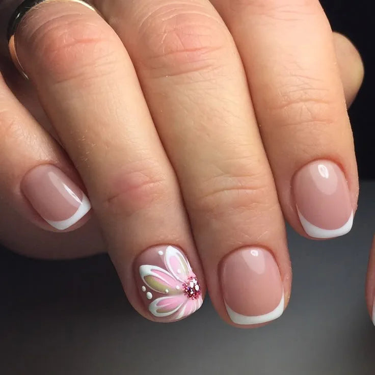 24Pcs Fairy White Flower Fake Nails Pink French Tip Press on Nails Short Square Wearable False Nail for Girls DIY