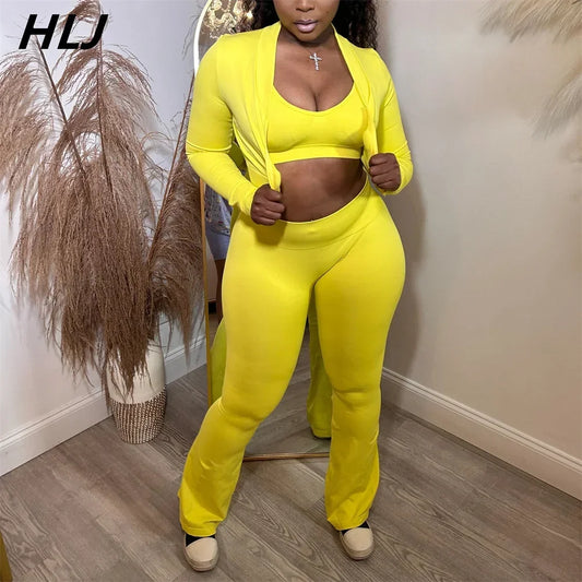 HLJ&GG Casual Solid Bodycon 3 Piece Sets Outfit Women Slim Crop Tops + High Waist Flare Pants Long Sleeves Coats Tracksuits 2024
