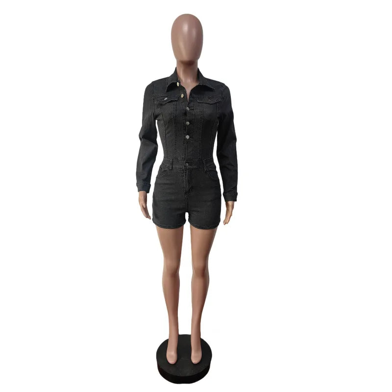 HLJ&GG Fashion Bodycon jeans Romper ladies Solid Color Long Sleeves One Piece Jumpsuit, Streetwear Overalls 2025 Summer New