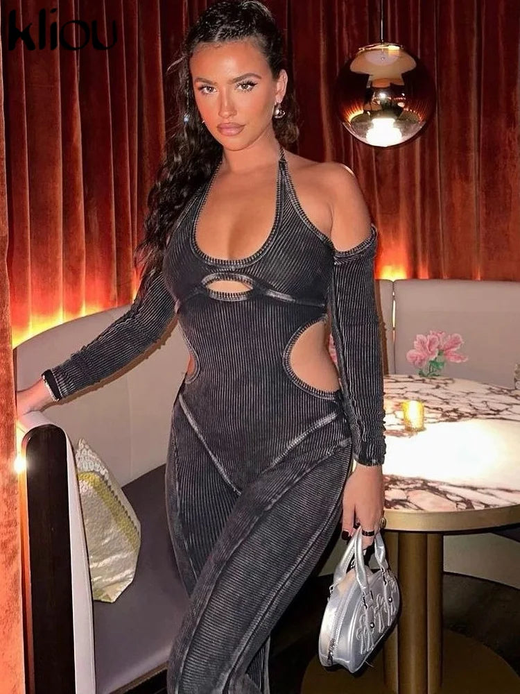 kliou Pure Cotton Jumpsuits ladies Halter Sexy Hollow Out Striped Folds Slim Fit Sexy Cleavage Overalls Stage Attirewear