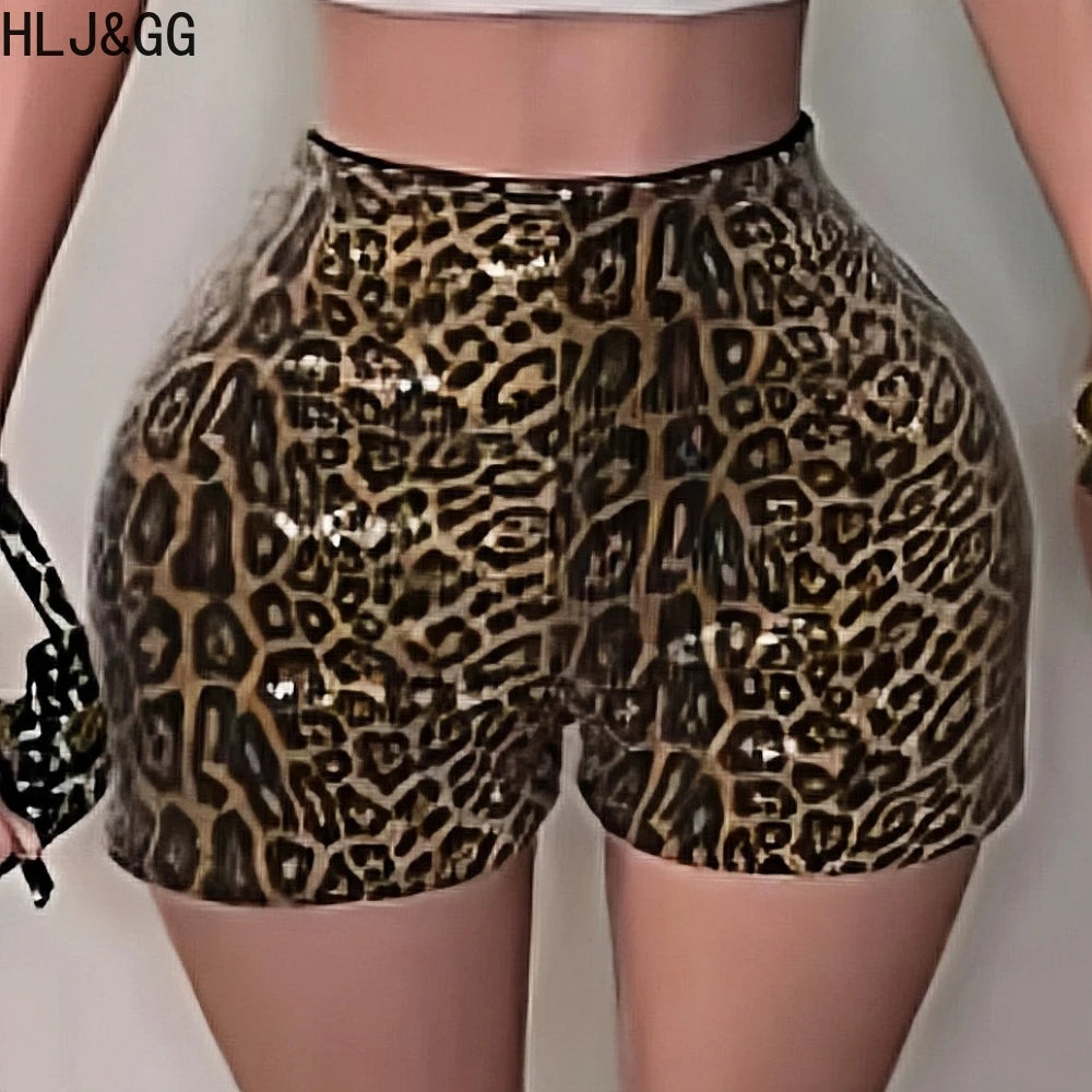 HLJ&GG Y2K Fashion Letter Print Slim Tshirts Two Piece Sets Women Round Neck Short Sleeve Top And Leopard Sequin Shorts Outfits