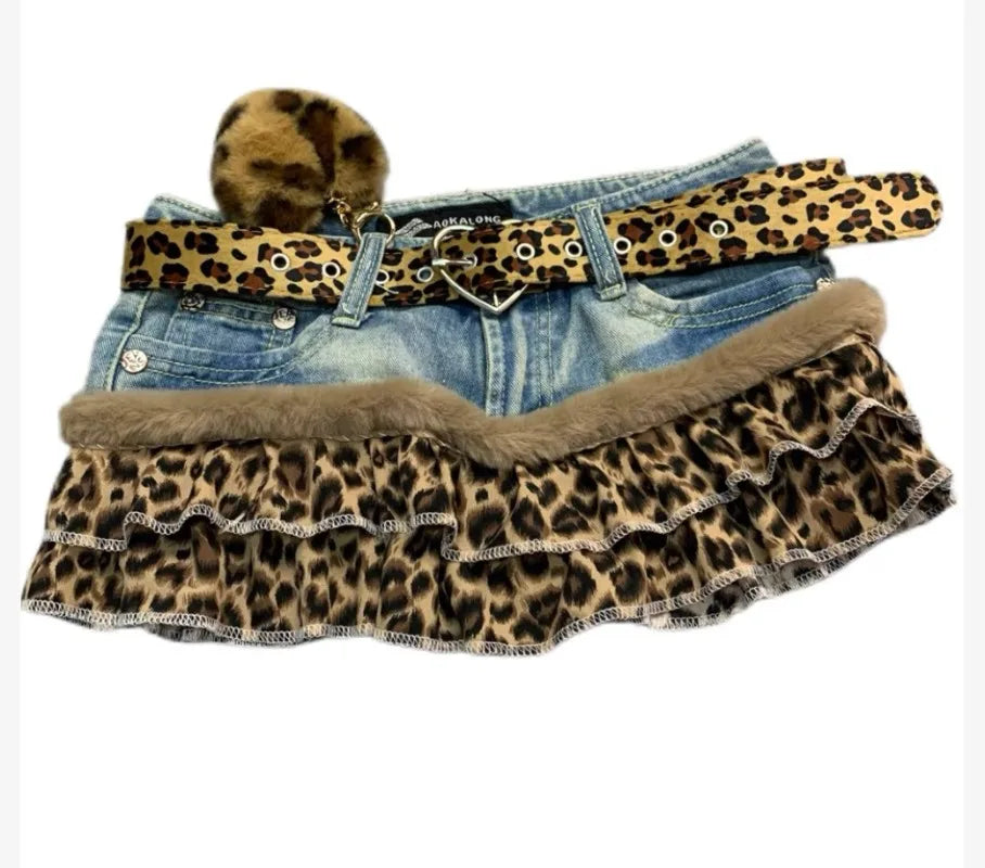 Harajuku Subculture jeans Leopard Print Splicing Y2k Skirt Kawaii Gothic Mini Pleated Skirt Casual Retro Streetwear Skirts Women