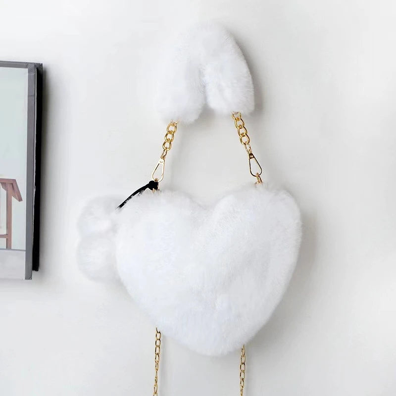 Luxury Faux Fur Heart-shaped Women Small Handbags Fluffy Plush Ladies Chain Shoulder Bag Fashion Female Furry Daily Clutch Purse