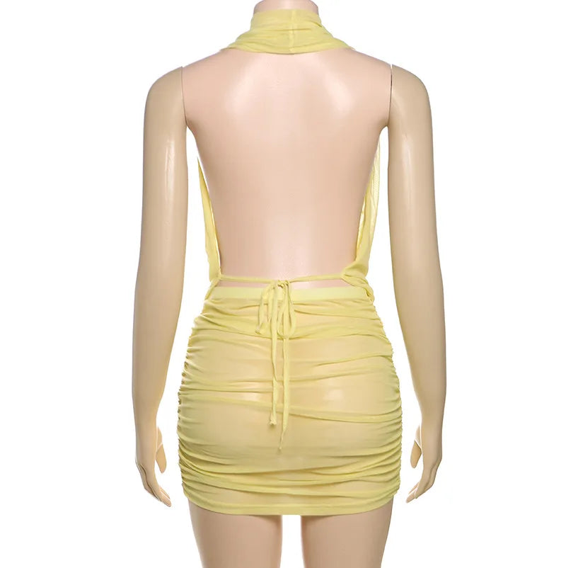 HLJ&GG Sexy Ruched Halter Deep V Mini Skirts Two Piece Sets Women Sleeveless Backless Lace Up Crop Top+Skirts Outfits Streetwear