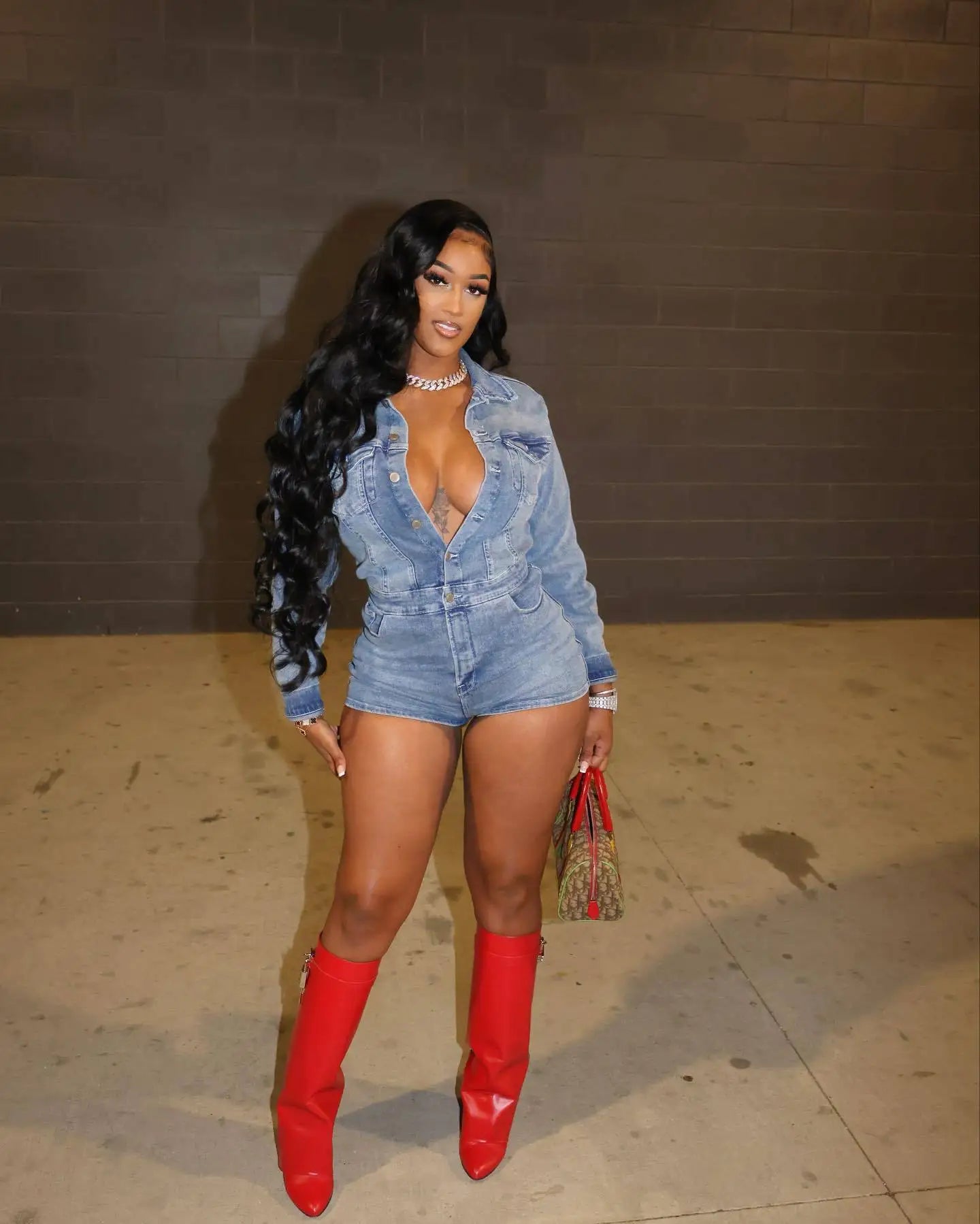 HLJ&GG Blue Fashion Pocket jeans Bodycon Rompers Women V Neck Long Sleeve Slim Cowboy One Piece Jumpsuits Sexy Female Overalls