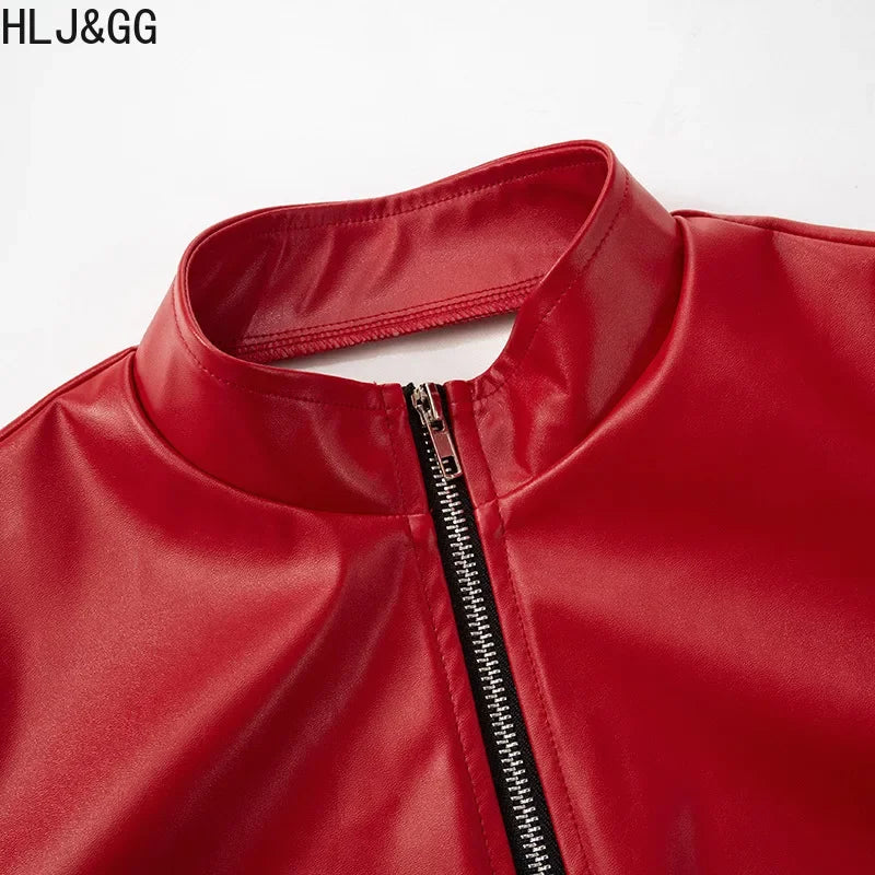 HLJ&GG Red Fashion Leather Puffy Mini Skirts Two Piece Sets Women Zip Long Sleeve Jacket And Skirts Outfit Y2K Female Streetwear