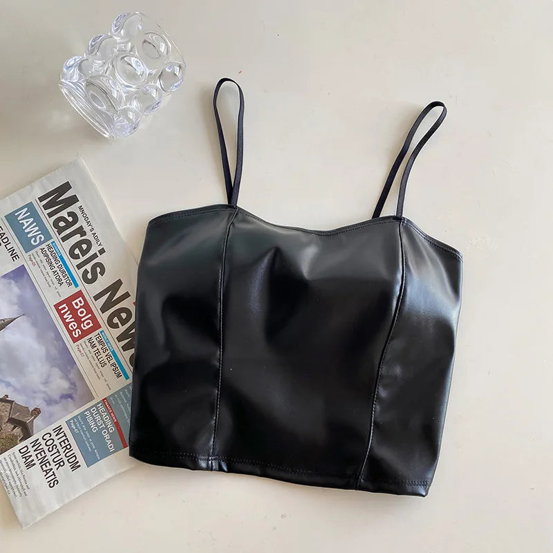 Sexy Bare Midriff PU Leather Halter Crop Tops Women with Bra Pad Spaghetti Strap Tank Top Camis Female Sleeveless Cropped Vest