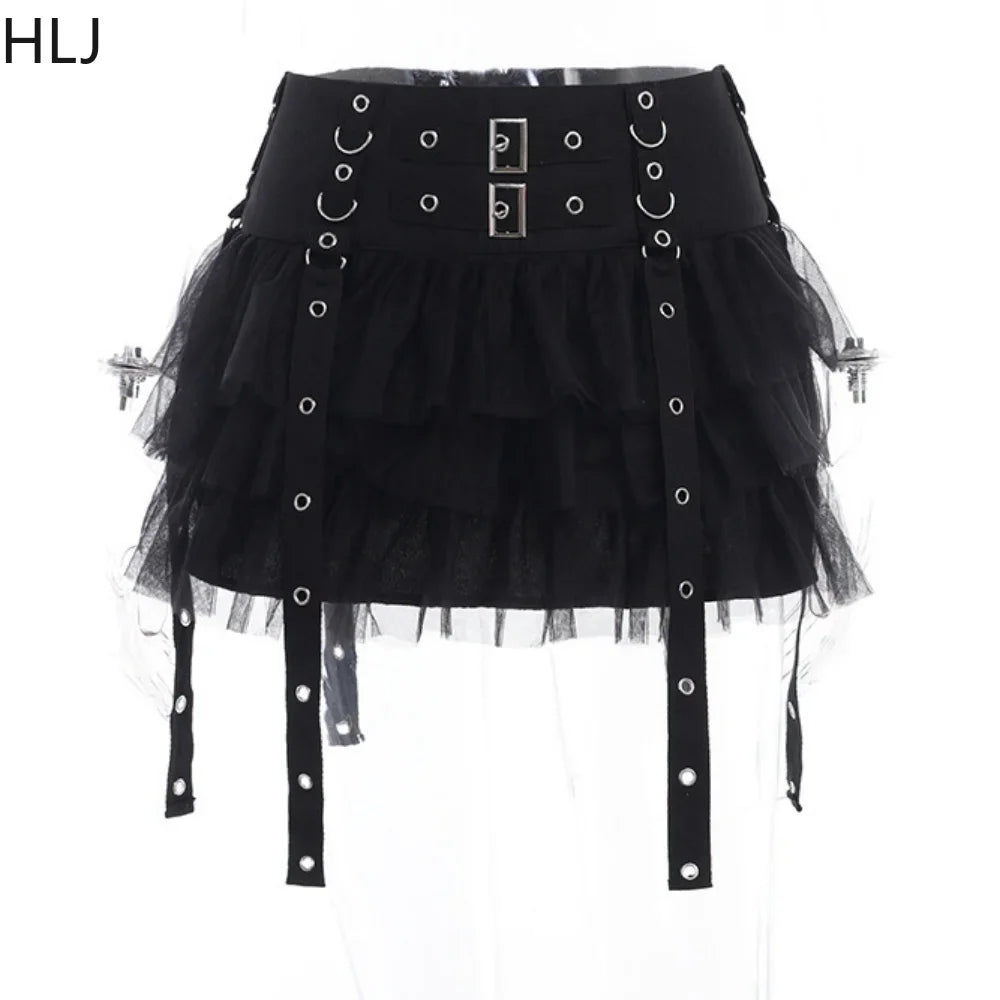 HLJ&GG Black Y2K Punk Streetwear Women Mesh See Though Bodysuits + Stacked Mini Skirts Two Piece Sets Fashion Trend 2pcs Outfits