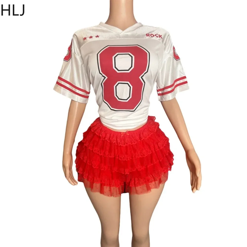 HLJ&GG Fashion Letter Print Loose Tshirts Two Piece Sets Women V Neck Top And Mesh Stacked Shorts Outfit Female Streetwear 2024