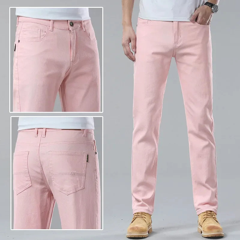 White Yellow Pink fashion 5 Color Men's Cotton Casual Pants Jeans Slim Straight Solid Color Business Trousers Four Seasons Brand